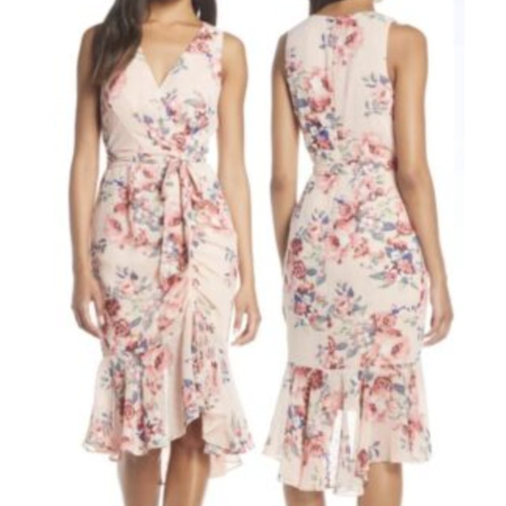 Eliza J Blush Floral Asymmetrical Wrap Dress